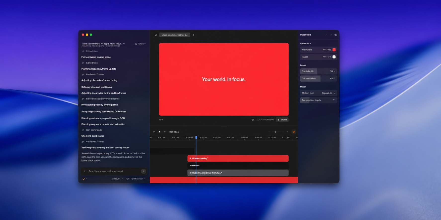 The Supermove desktop app editing a motion-design sequence, shown over a blue and purple desktop background.