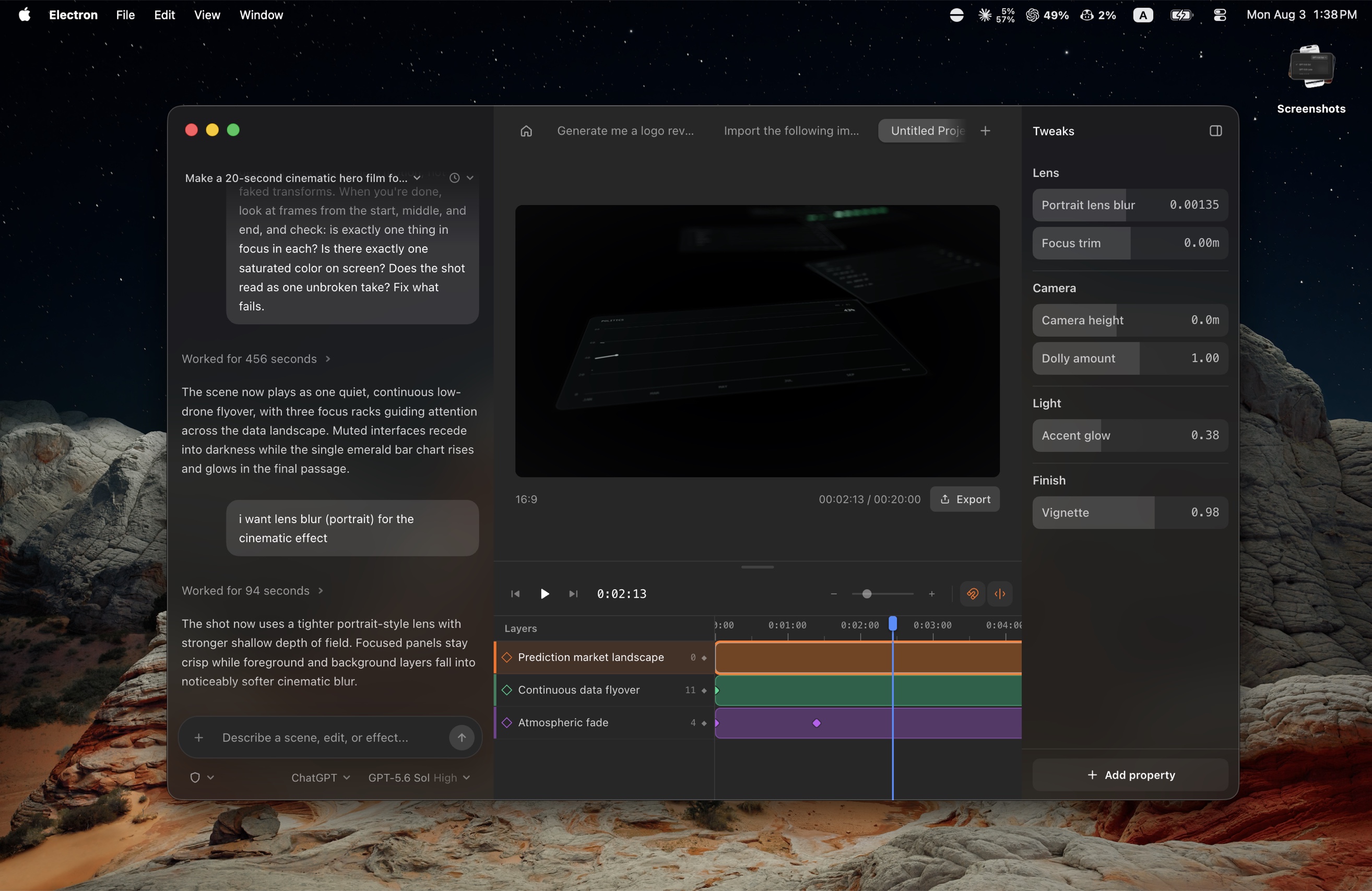 The Supermove desktop app: an agent prompt describing a 20-second cinematic hero film, a video preview of the resulting shot, and a tweaks panel with lens and camera controls.